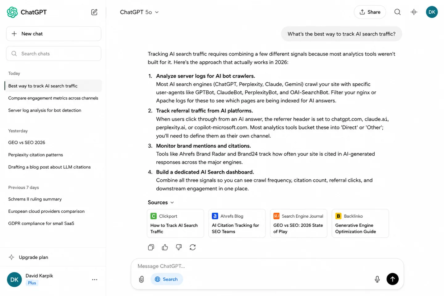 ChatGPT web interface showing a conversation answering the query 'What's the best way to track AI search traffic?'. The response is structured as four numbered points with bold sub-headings: '1. Analyze server logs for AI bot crawlers' (referencing GPTBot, ClaudeBot, PerplexityBot, OAI-SearchBot), '2. Track referral traffic from AI platforms' (chatgpt.com, claude.ai, perplexity.ai, copilot.microsoft.com), '3. Monitor brand mentions and citations' (Ahrefs Brand Radar, Brand24), and '4. Build a dedicated AI Search dashboard'. A Sources section below lists four cited cards: Clickport, Ahrefs Blog, Search Engine Journal, and Backlinko.
