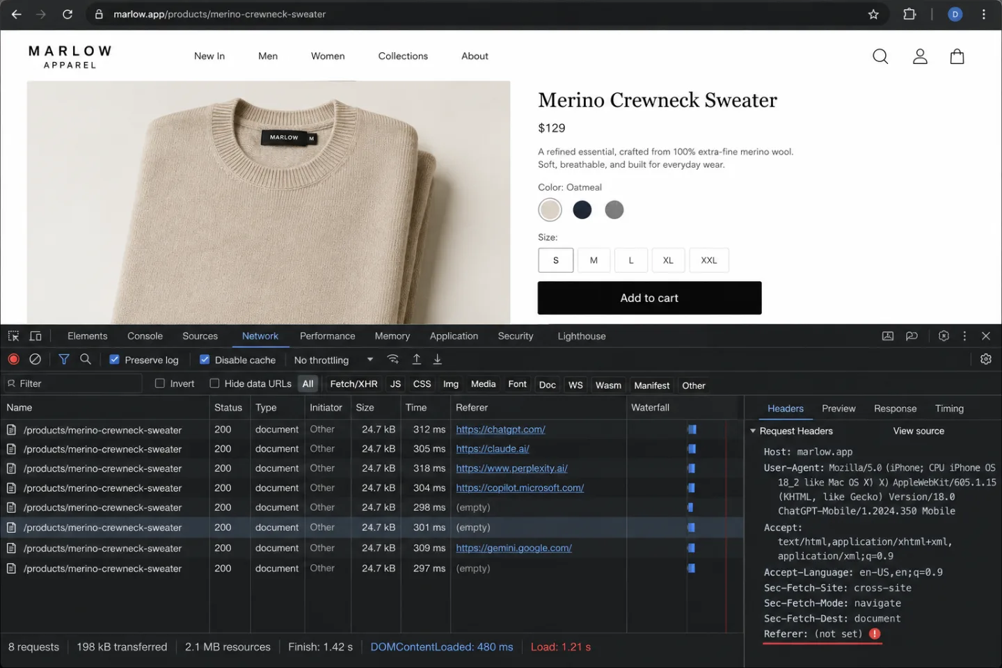 Chrome DevTools Network panel docked under a Marlow Apparel product page, showing eight requests for the same product URL. The Referer column has been added to the table. Five rows have intact AI referrers: chatgpt.com, claude.ai, perplexity.ai, copilot.microsoft.com, and gemini.google.com. Three rows show '(empty)' Referer values. The right-side Headers panel shows the Request Headers for a selected empty-Referer row, with the User-Agent identifying ChatGPT-Mobile (iOS) and 'Referer: (not set)' highlighted.