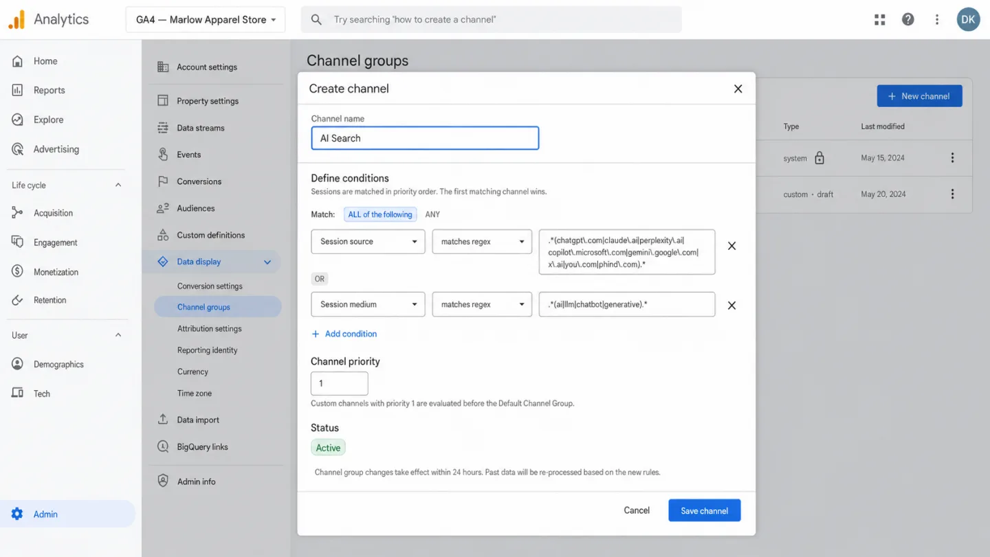 Google Analytics 4 Admin panel showing the Channel groups configuration with a Create channel modal open. The modal is creating a custom channel named 'AI Search' with two regex conditions: Session source matches regex covering chatgpt.com, claude.ai, perplexity.ai, copilot.microsoft.com, gemini.google.com, x.ai, you.com, and phind.com; and Session medium matches regex covering ai, llm, chatbot, generative. Channel priority is set to 1 with status Active. A disclaimer notes that changes take effect within 24 hours and past data will be re-processed.