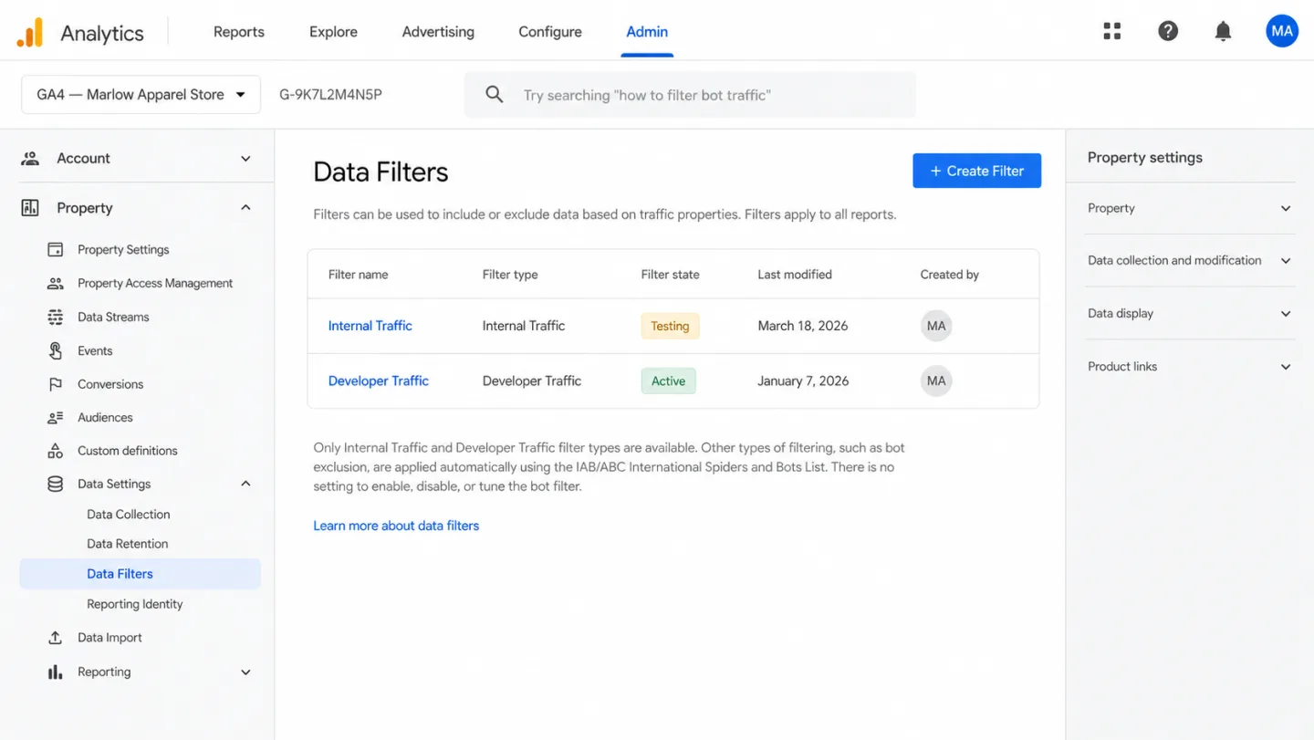 Google Analytics 4 Admin showing the Data Filters page on a sample property. The Data Filters table has only two rows: Internal Traffic in Testing state and Developer Traffic in Active state. A help text block below the table reads: 'Only Internal Traffic and Developer Traffic filter types are available. Other types of filtering, such as bot exclusion, are applied automatically using the IAB/ABC International Spiders and Bots List. There is no setting to enable, disable, or tune the bot filter.' This is GA4's entire bot configuration surface.