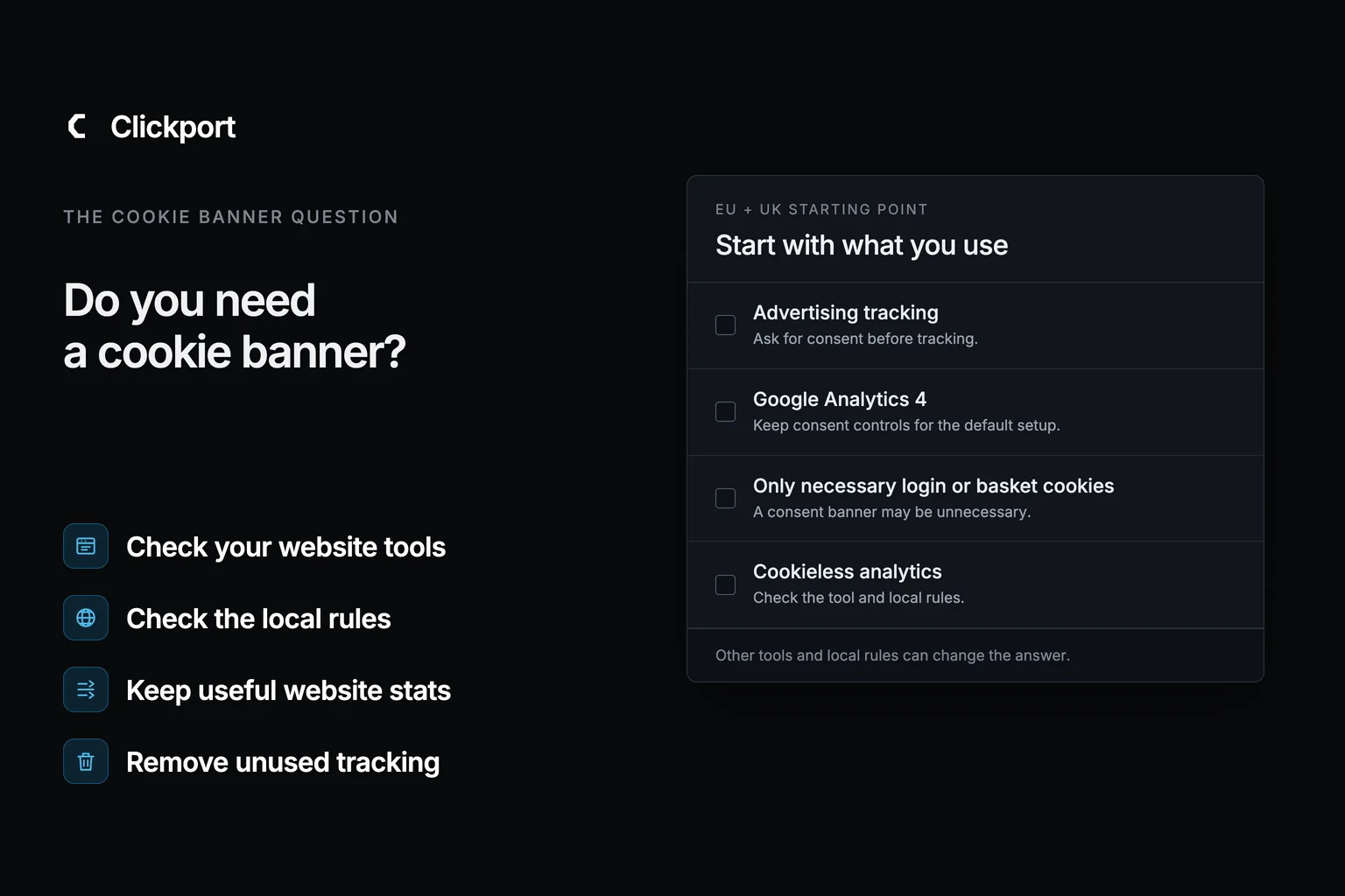 Cookie banner guide for common website setups: advertising, Google Analytics, necessary cookies, and cookieless analytics.