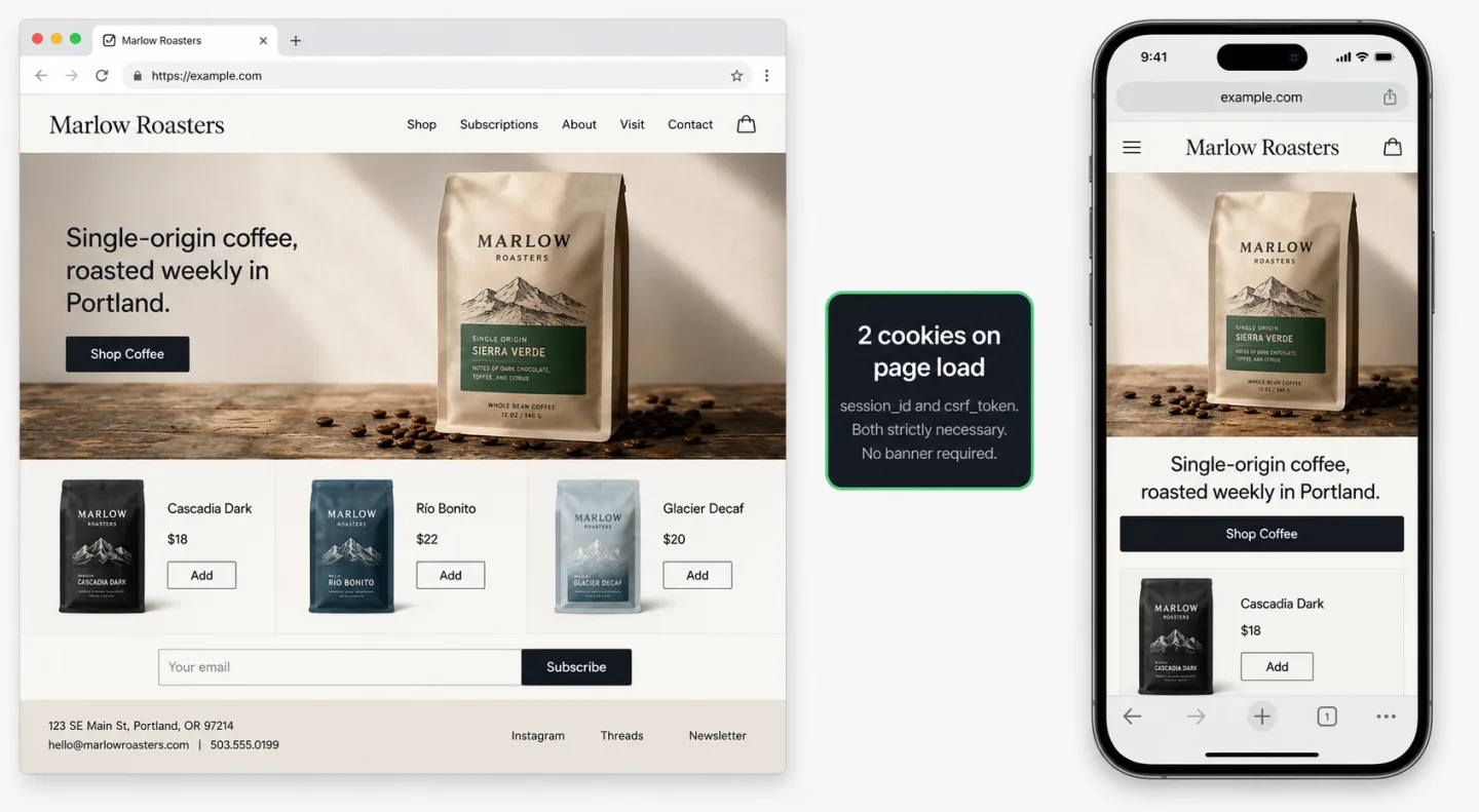 A screenshot of the Marlow Roasters website in its post-cleanup state, shown as side-by-side desktop and mobile mockups. No cookie banner, no chat bubble, no reCAPTCHA badge, no floating popups. A green-bordered badge between the two mockups reads '2 cookies on page load' and 'session_id and csrf_token. Both strictly necessary. No banner required.'