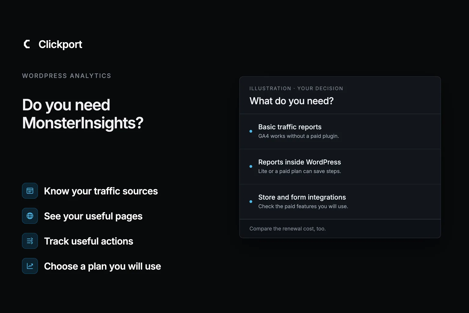 A guide to choosing WordPress analytics. Basic traffic reports, reports inside WordPress, and store integrations answer different needs. Compare the renewal cost before choosing.
