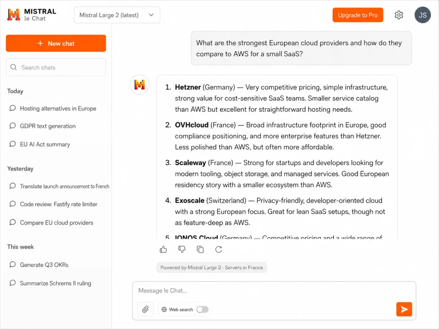 Mistral Le Chat web interface showing an active conversation about European cloud providers. The chat history sidebar lists prior conversations including 'Hosting alternatives in Europe', 'GDPR text generation', 'EU AI Act summary', 'Compare EU cloud providers', and 'Summarize Schrems II ruling'. Mistral's response lists Hetzner, OVHcloud, Scaleway, and Exoscale with capability summaries. Footer reads 'Powered by Mistral Large 2 · Servers in France'.