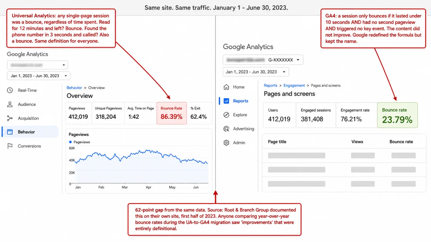 A split-screen screenshot showing a Universal Analytics Behavior Overview report on the left and a Google Analytics 4 Engagement report on the right, both for the same site and the same period from January 1 to June 30, 2023. The top strip reads 'Same site. Same traffic. January 1 - June 30, 2023.' The UA side shows a Bounce Rate tile of 86.39% emphasized in pale red. The GA4 side shows a Bounce rate tile of 23.79% emphasized in pale green. An annotation reads 'Universal Analytics: any single-page session was a bounce, regardless of time spent. Read for 12 minutes and left? Bounce. Found the phone number in 3 seconds and called? Also a bounce. Same definition for everyone.' Another reads 'GA4: a session only bounces if it lasted under 10 seconds AND had no second pageview AND triggered no key event. The content did not improve. Google redefined the formula but kept the name.' A third reads '62-point gap from the same data. Source: Root & Branch Group documented this on their own site, first half of 2023. Anyone comparing year-over-year bounce rates during the UA-to-GA4 migration saw improvements that were entirely definitional.'
