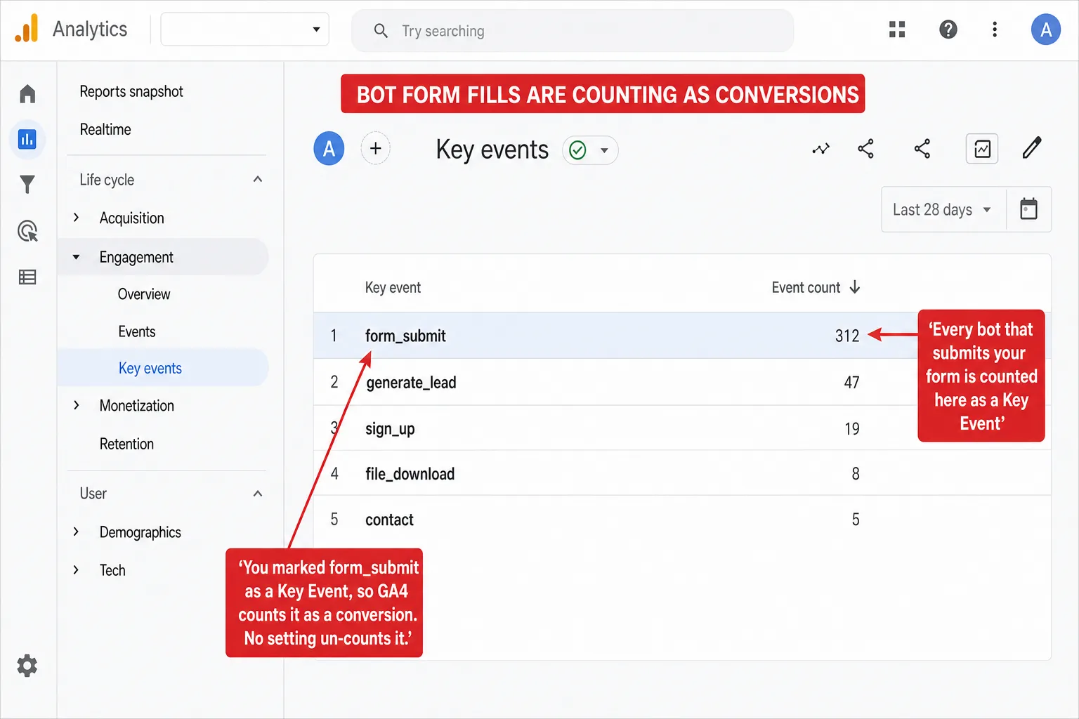 A pixel-perfect screenshot of the Google Analytics 4 Key events report in the light theme, with the full GA4 chrome: the left navigation showing Engagement expanded and Key events highlighted, the top search bar, and a Last 28 days date selector. The data table has two columns, Key event and Event count, with rows form_submit 312, generate_lead 47, sign_up 19, file_download 8, and contact 5, and the form_submit row highlighted in pale blue. Red editorial annotations are overlaid: a banner across the top reads BOT FORM FILLS ARE COUNTING AS CONVERSIONS; a red callout with an arrow to the 312 count reads 'Every bot that submits your form is counted here as a Key Event'; and a red callout with an arrow to the form_submit row reads 'You marked form_submit as a Key Event, so GA4 counts it as a conversion. No setting un-counts it.'