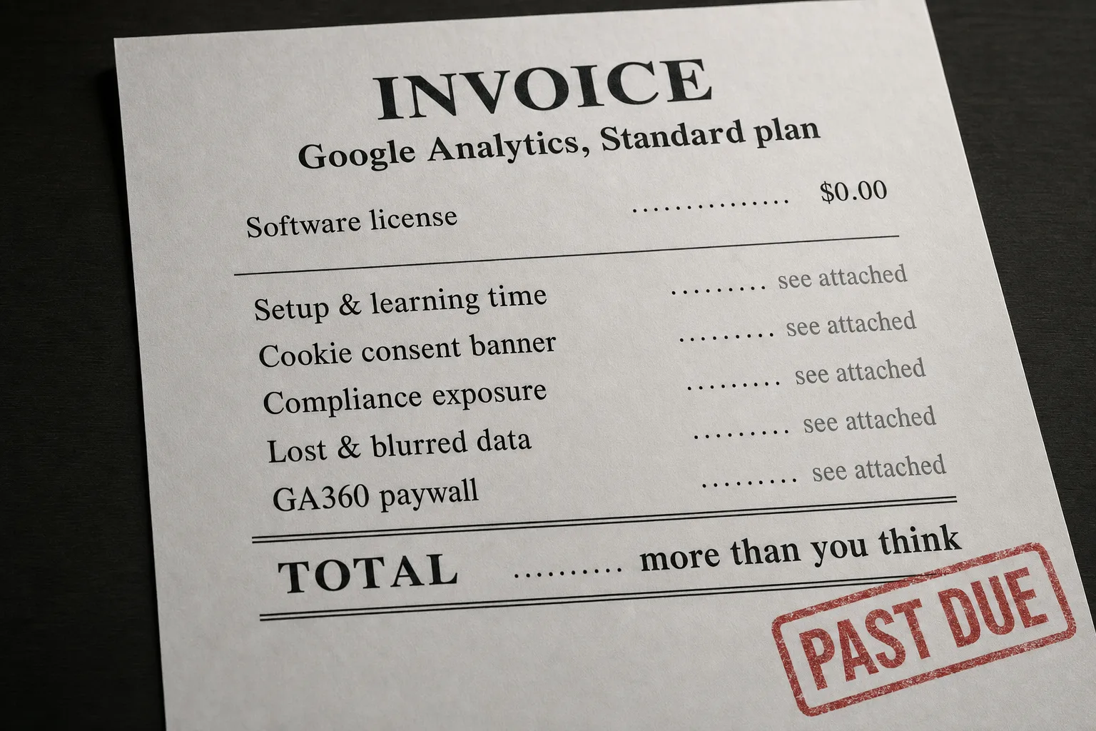 A printed invoice on a dark surface, headed 'INVOICE: Google Analytics, Standard plan'. The software line reads $0.00. Below it are five line items labelled Setup and learning time, Cookie consent banner, Compliance exposure, Lost and blurred data, and GA360 paywall, each with the amount column reading 'see attached' instead of a number. The bold TOTAL row at the bottom reads 'more than you think' where the figure should be. A red 'PAST DUE' style stamp sits across the corner.