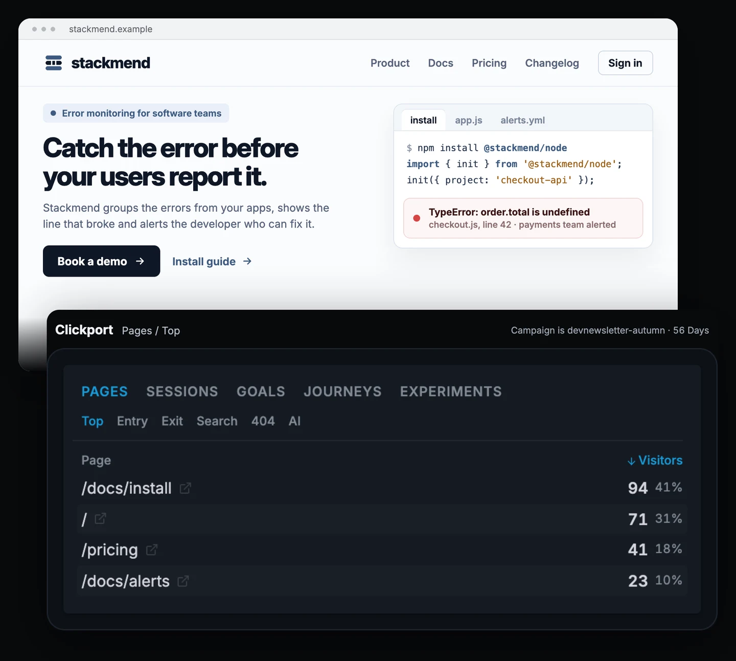 Stackmend error monitoring homepage above the Clickport Pages list filtered to the developer newsletter campaign: installation guide 94 visitors, homepage 71, pricing 41, alerts docs 23.