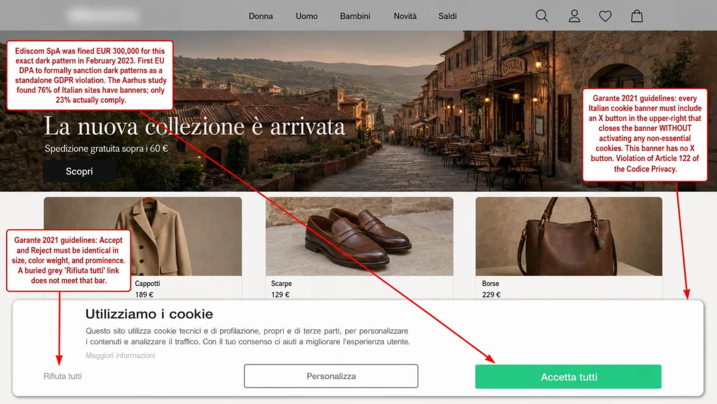 An illustration of an Italian cookie banner that fails the Garante's 2021 guidelines: a dominant Accetta tutti button, a buried reject option, and no X close button, annotated with the guideline requirements.