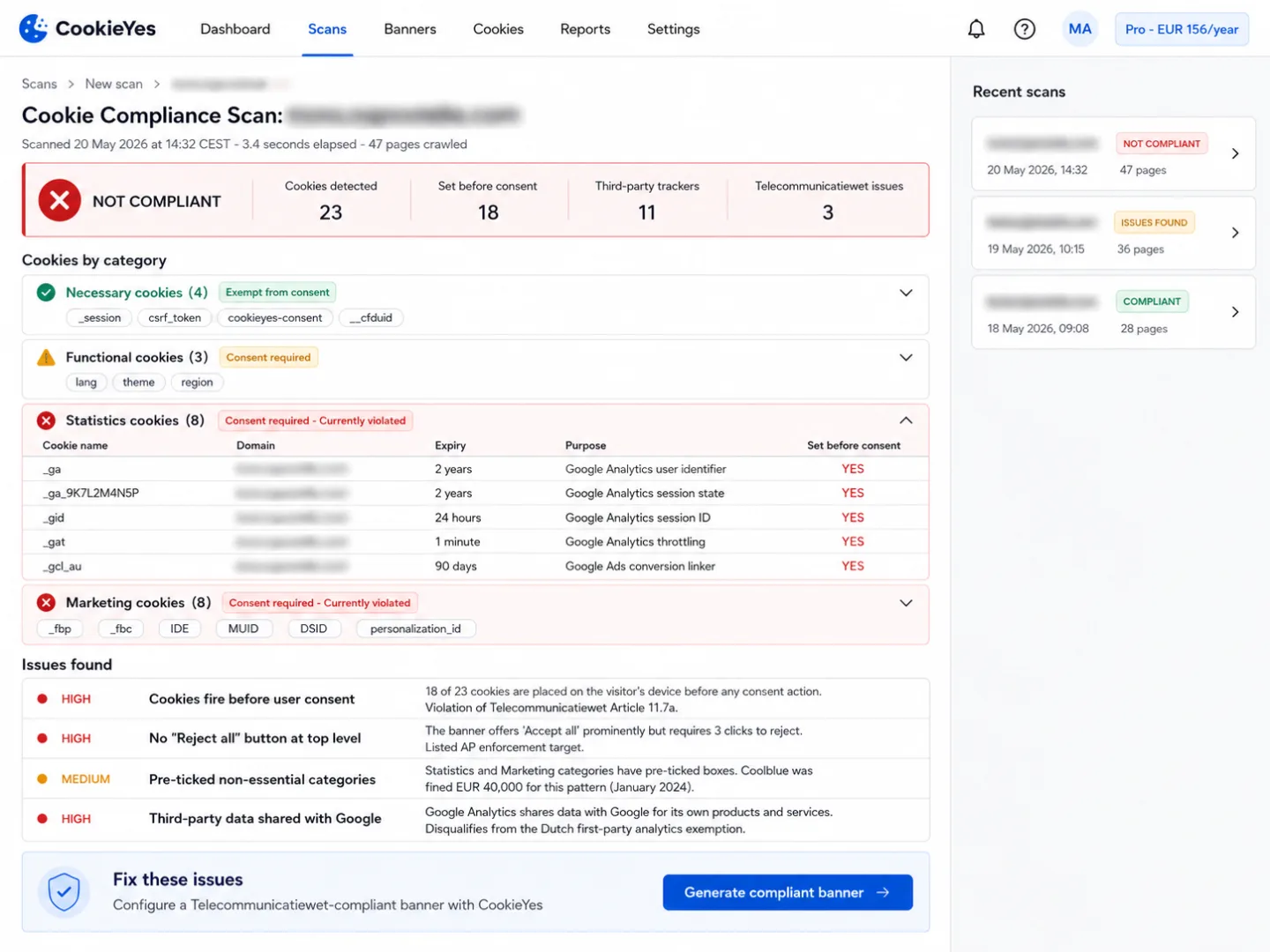 An illustration of a cookie compliance scan result for a redacted Dutch sample site, marked NOT COMPLIANT, with 23 cookies detected including five Google Analytics cookies set before any consent action, 11 third-party trackers, and 3 Telecommunicatiewet violations flagged.
