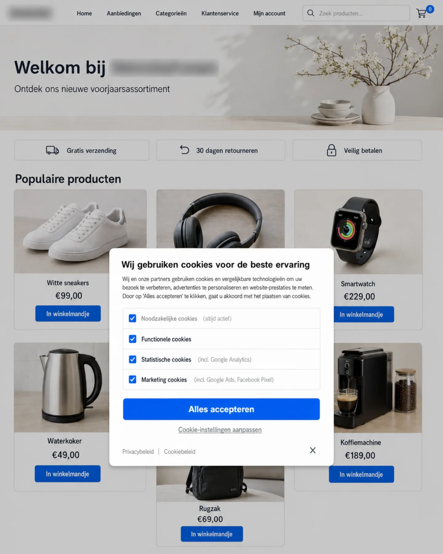 A Dutch-language cookie consent banner overlaid on a sample e-commerce site. The site logo and brand name in the page background are blurred. Four cookie categories are listed (Noodzakelijke, Functionele, Statistische incl. Google Analytics, Marketing incl. Google Ads and Facebook Pixel), with all four checkboxes pre-ticked including the non-essential ones. A large blue 'Alles accepteren' button dominates the action area, with a much smaller 'Cookie-instellingen aanpassen' link demoted underneath. Privacybeleid and Cookiebeleid links sit in the banner footer.