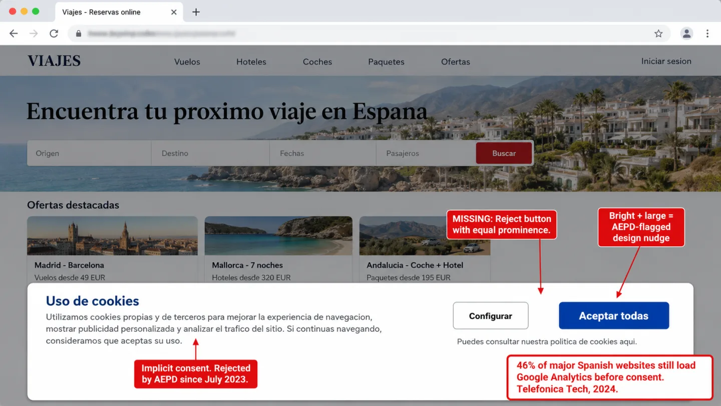 A recreated Spanish travel-booking site with a non-compliant cookie banner titled 'Uso de cookies.' The banner shows only a small 'Configurar' link and a large dark-blue 'Aceptar todas' button, with no equal-prominence reject option. Editorial annotations mark the missing reject button, the oversized accept button as an AEPD-flagged design nudge, and implicit consent the AEPD has rejected since July 2023.