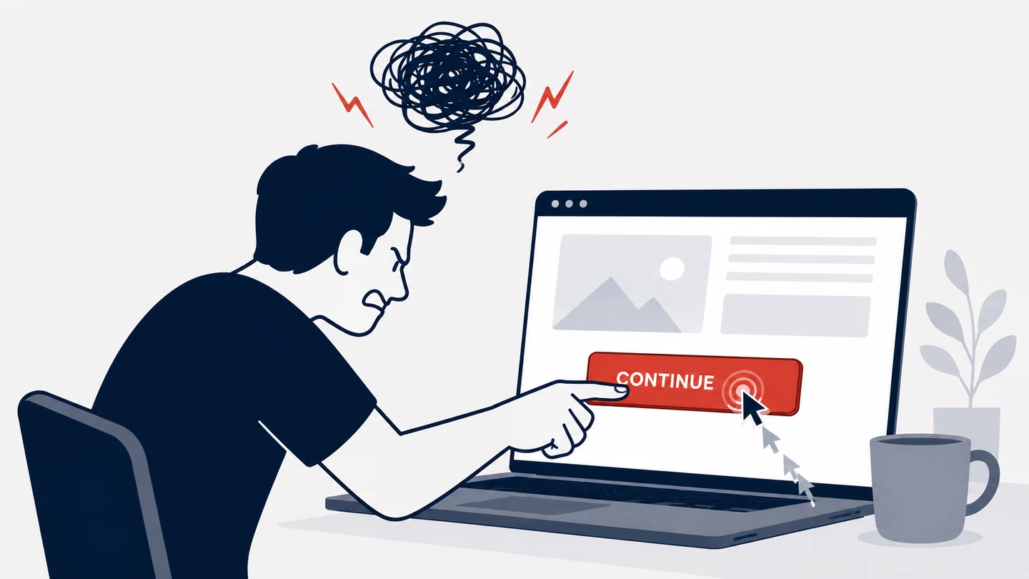 An illustration of a frustrated man hunched over a laptop, jabbing his finger at a red CONTINUE button on the screen while a mouse cursor shows repeated clicks on it. A scribbled storm cloud and red lightning bolts hover over his head. A coffee mug and a small potted plant sit on the desk beside the laptop.