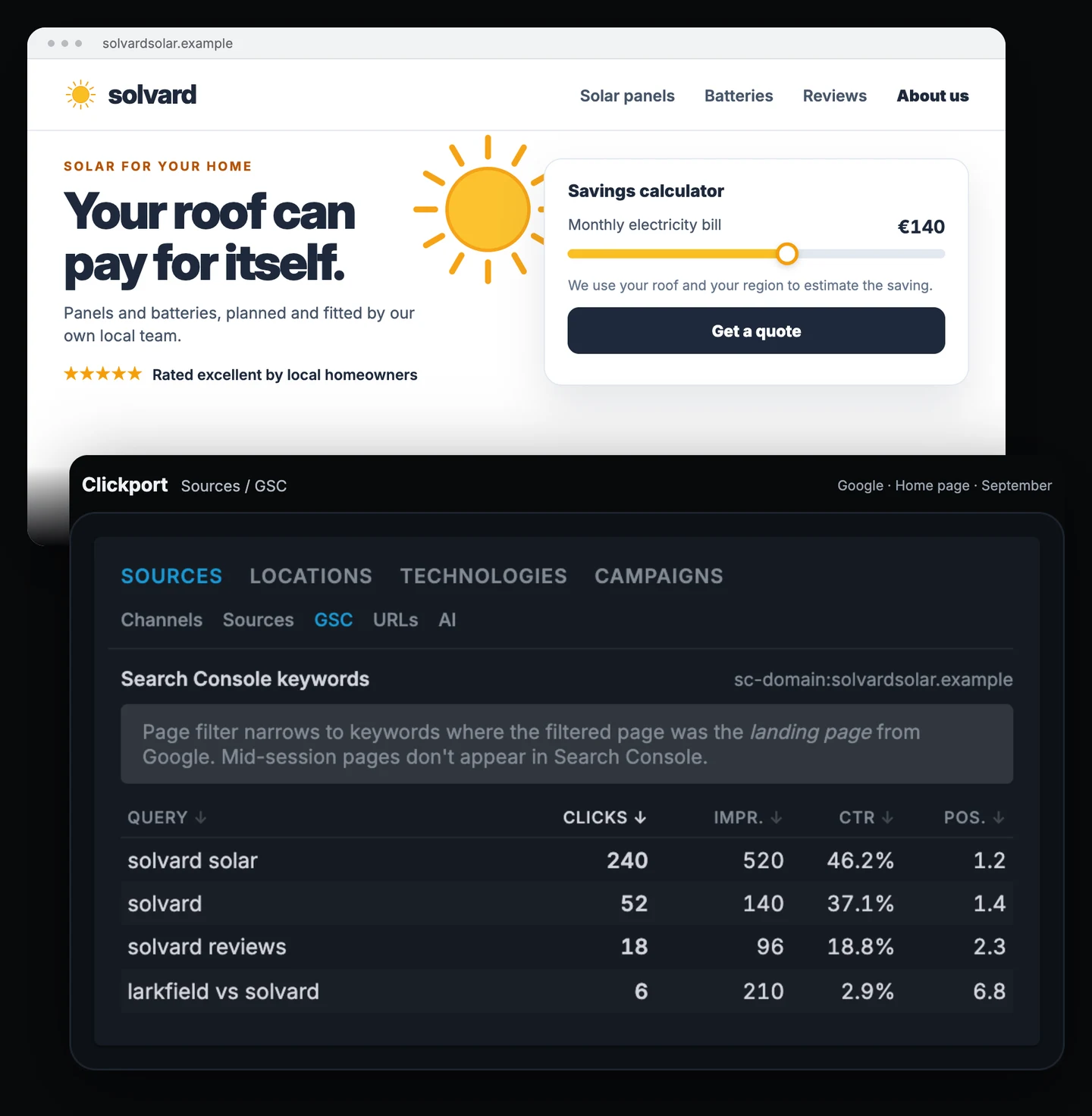 Solvard Solar home page with a savings calculator, beside the Clickport Search Console list for Google with the home page filter. solvard solar has 240 clicks from 520 impressions, solvard 52 from 140, solvard reviews 18 from 96, and larkfield vs solvard 6 from 210.