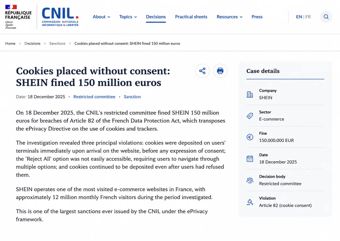 CNIL.fr official decision page titled 'Cookies placed without consent: SHEIN fined 150 million euros'. Case details: Company SHEIN, Sector E-commerce, Fine 150,000,000 EUR, Date 18 December 2025, Decision body Restricted committee, Violation Article 82 (cookie consent).