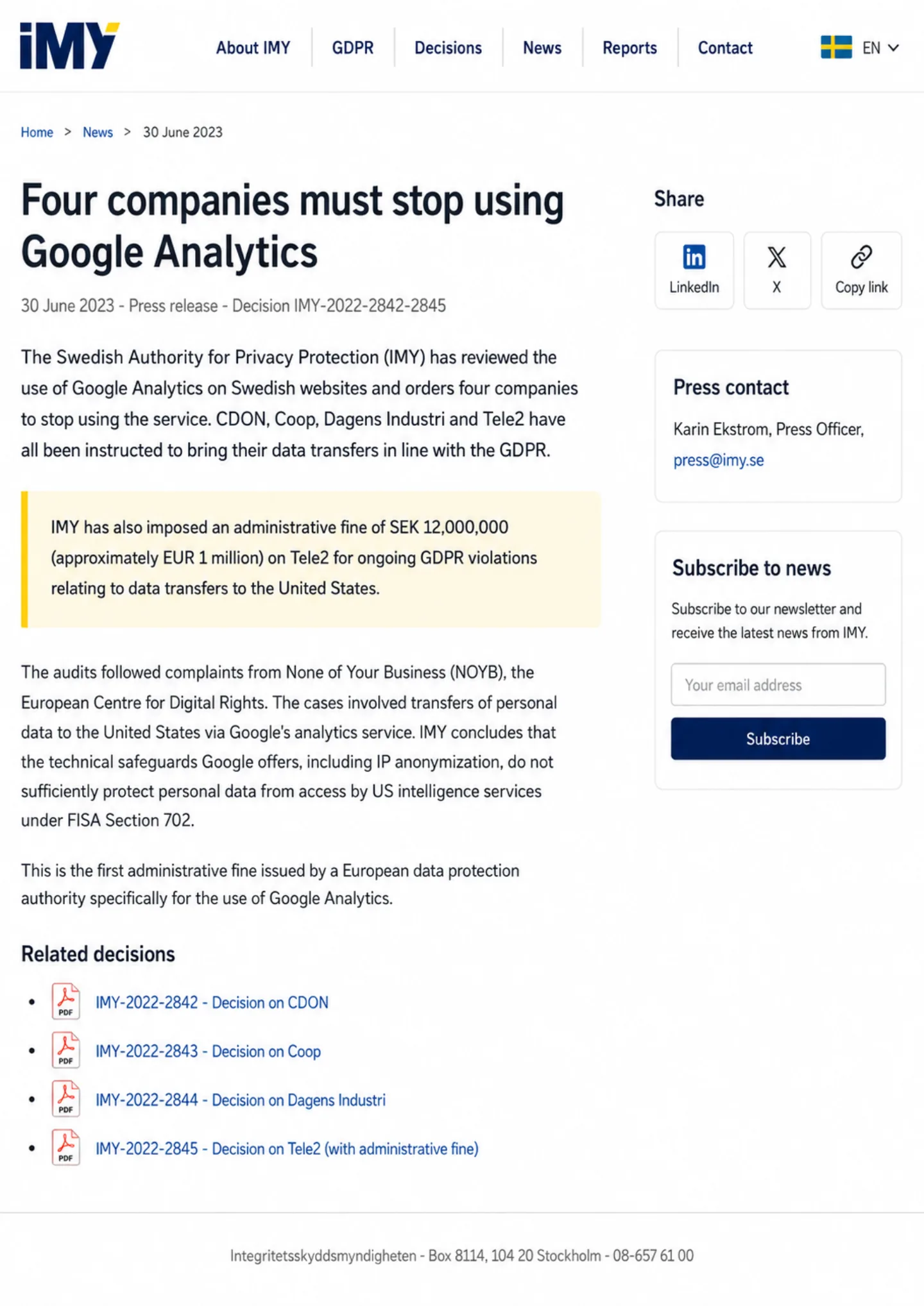The Swedish Authority for Privacy Protection (IMY) news page from 30 June 2023 announcing that CDON, Coop, Dagens Industri, and Tele2 must stop using Google Analytics. A highlighted callout notes the SEK 12,000,000 (approximately EUR 1 million) administrative fine on Tele2 for GDPR violations relating to data transfers to the United States. The page references complaints from NOYB and concludes that Google's technical safeguards including IP anonymization do not sufficiently protect personal data from US intelligence services under FISA Section 702.