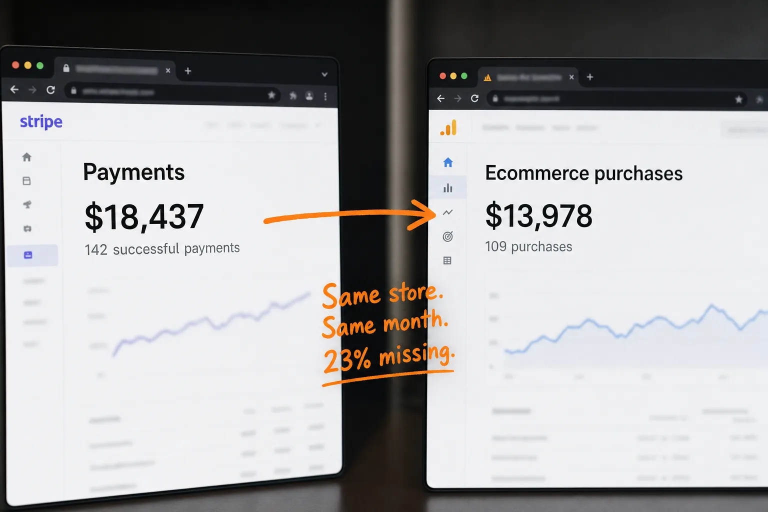 A side-by-side comparison of a Stripe dashboard and a GA4 ecommerce report for the same 30-day window. Stripe shows 142 successful payments totaling $18,437. GA4 shows 109 purchases totaling $13,978. An annotation reads: same store, same month, 23% of the revenue never made it into analytics.