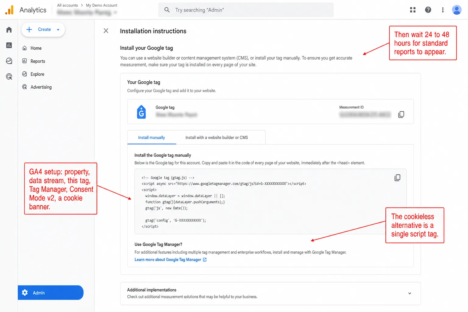 Google Analytics 4 install instructions screen with the gtag.js snippet and Tag Manager setup