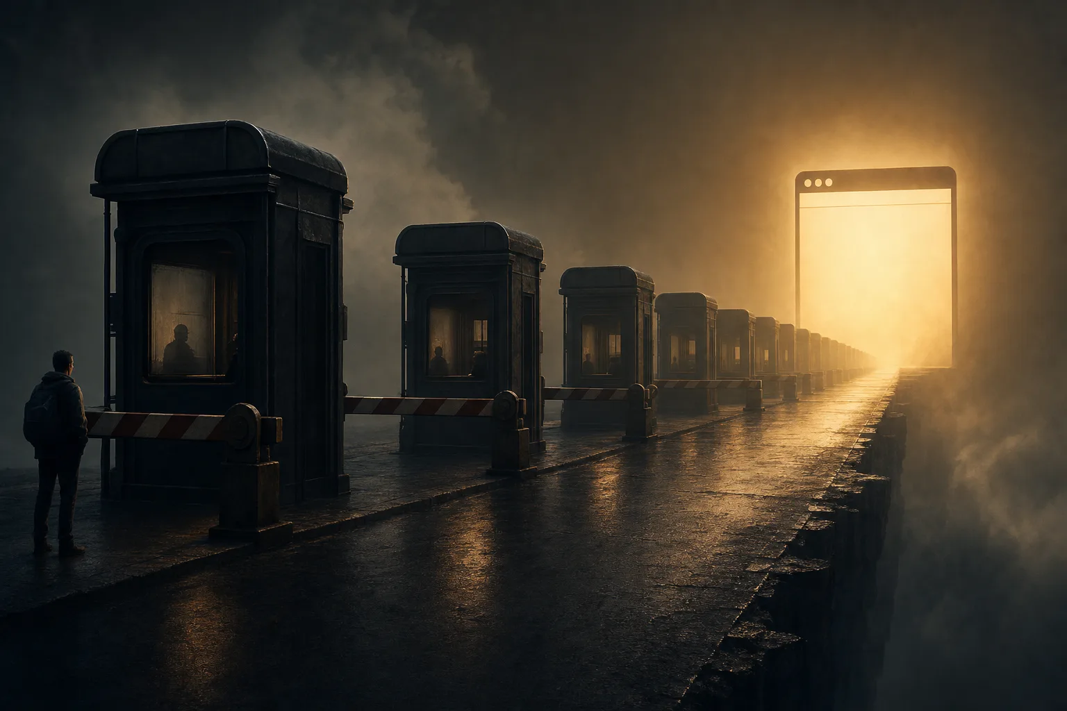 Conceptual illustration of a lone website behind rows of tollbooth gates representing online middlemen