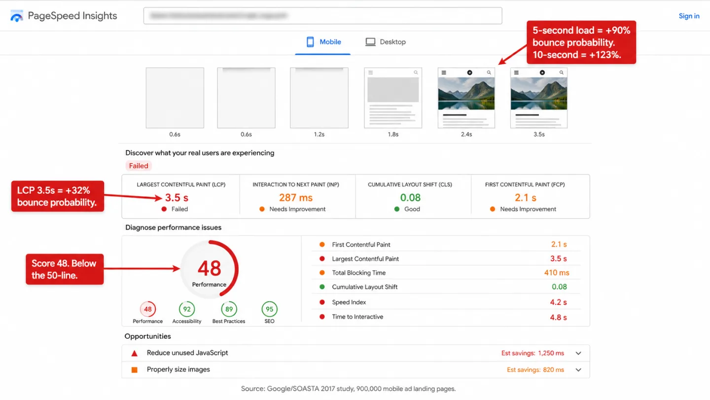 A screenshot of Google PageSpeed Insights showing a Lighthouse mobile audit with three red editorial annotations. The Core Web Vitals grid shows LCP at 3.5 seconds (Failed, red), INP at 287 ms (Needs Improvement, orange), CLS at 0.08 (Good, green), and FCP at 2.1 seconds (Needs Improvement, orange). A circular performance score gauge shows 48 in red. The metrics breakdown lists First Contentful Paint 2.1s, Largest Contentful Paint 3.5s, Total Blocking Time 410ms, Cumulative Layout Shift 0.08, Speed Index 4.2s, and Time to Interactive 4.8s. Two Opportunities entries show 'Reduce unused JavaScript' with 1,250 ms estimated savings and 'Properly size images' with 820 ms. One annotation reads 'LCP 3.5s = +32% bounce probability.' A second reads 'Score 48. Below the 50-line.' A third reads '5-second load = +90% bounce probability. 10-second = +123%.' A source footnote credits Google/SOASTA 2017 study of 900,000 mobile ad landing pages.